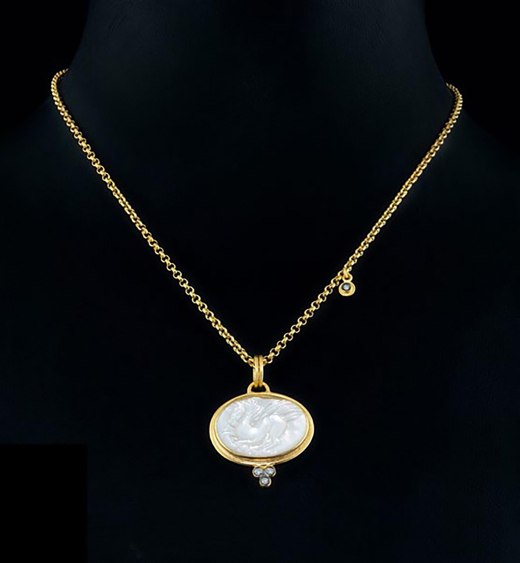 Byzantine 0.05 Carat Diamond, 24K Yellow Gold Mother of Pearl Necklace with Pegsus Carving For Sale