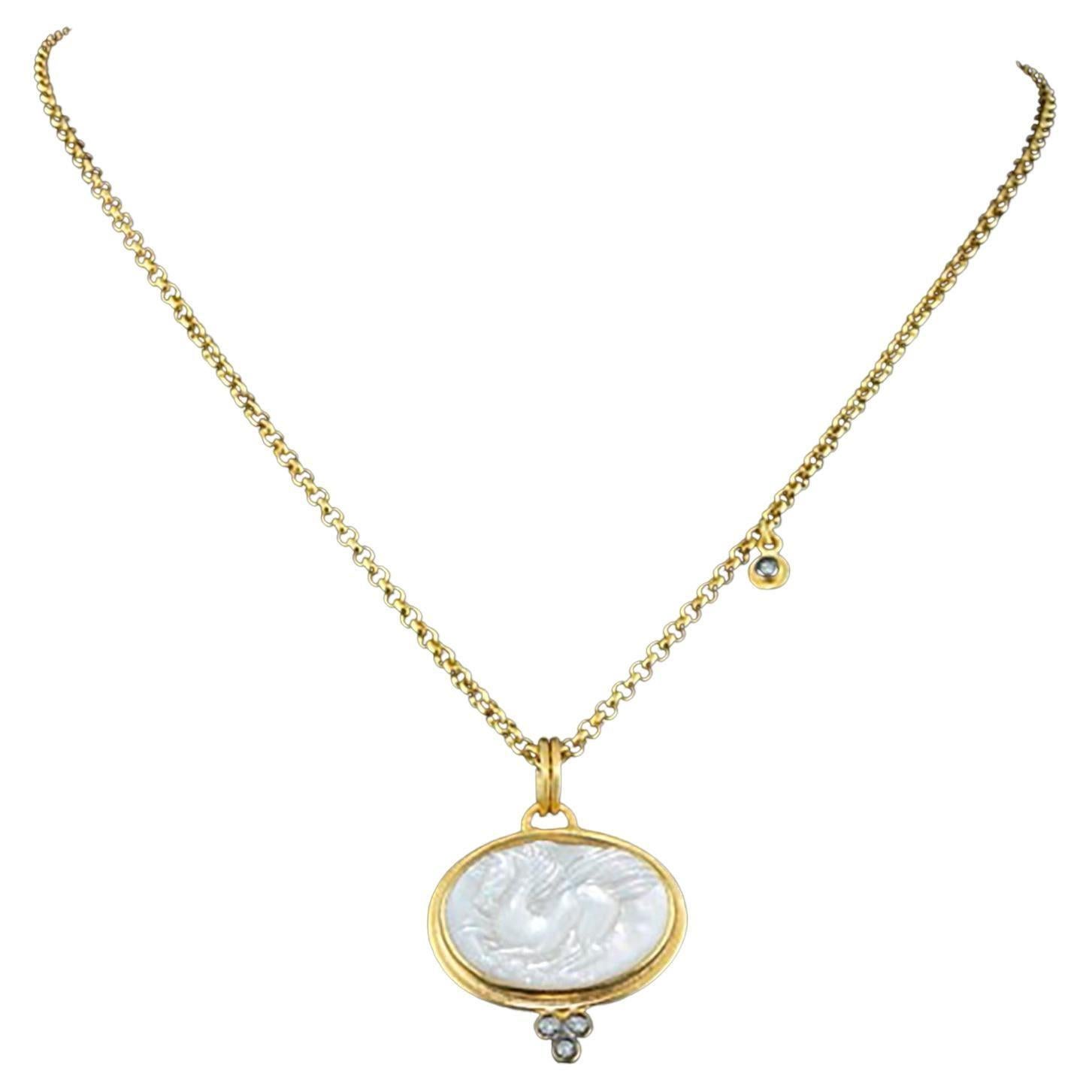 0.05 Carat Diamond, 24K Yellow Gold Mother of Pearl Necklace with Pegsus Carving In New Condition For Sale In Bozeman, MT