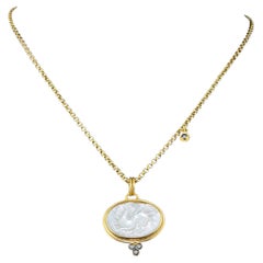 0.05 Carat Diamond, 24K Yellow Gold Mother of Pearl Necklace with Pegsus Carving