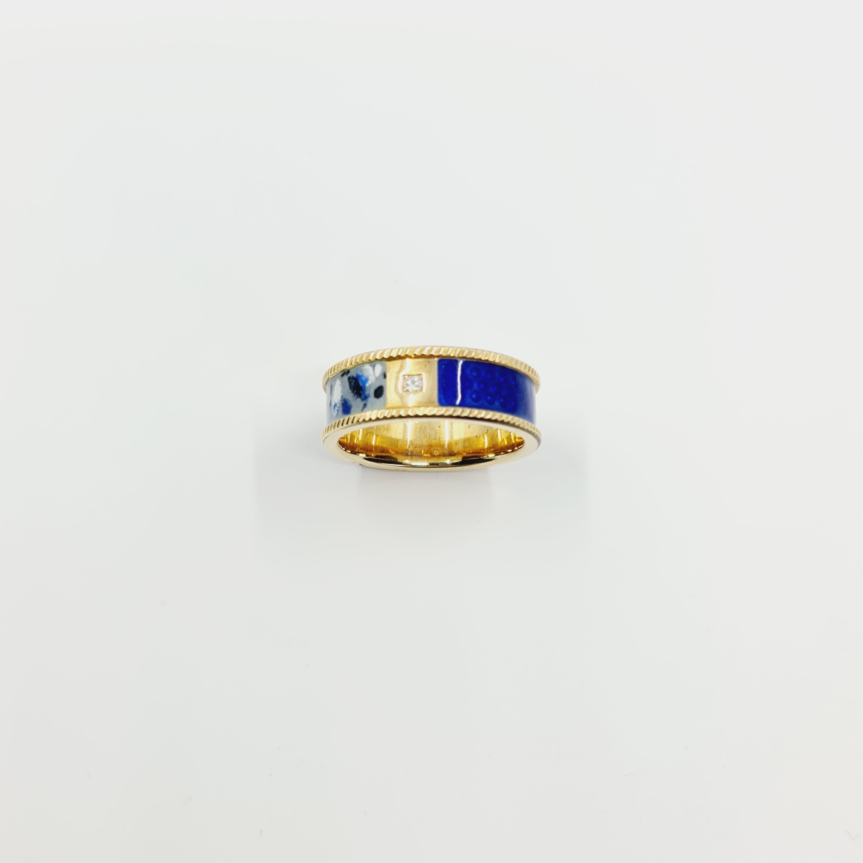 0.05 Carat Diamond Ring G/IF 14k White Gold, Blue/Grey/White Enamel 

Solitaire Princess Cut Diamond.
Fine Hand Made Enamel Ring in 14k Gold. 
Width:8mm

4 C`s:
Carat: 0.05ct
Color: G
Clarity: IF
Cut: Very Good
Polish: Very Good
Symmetry: Very