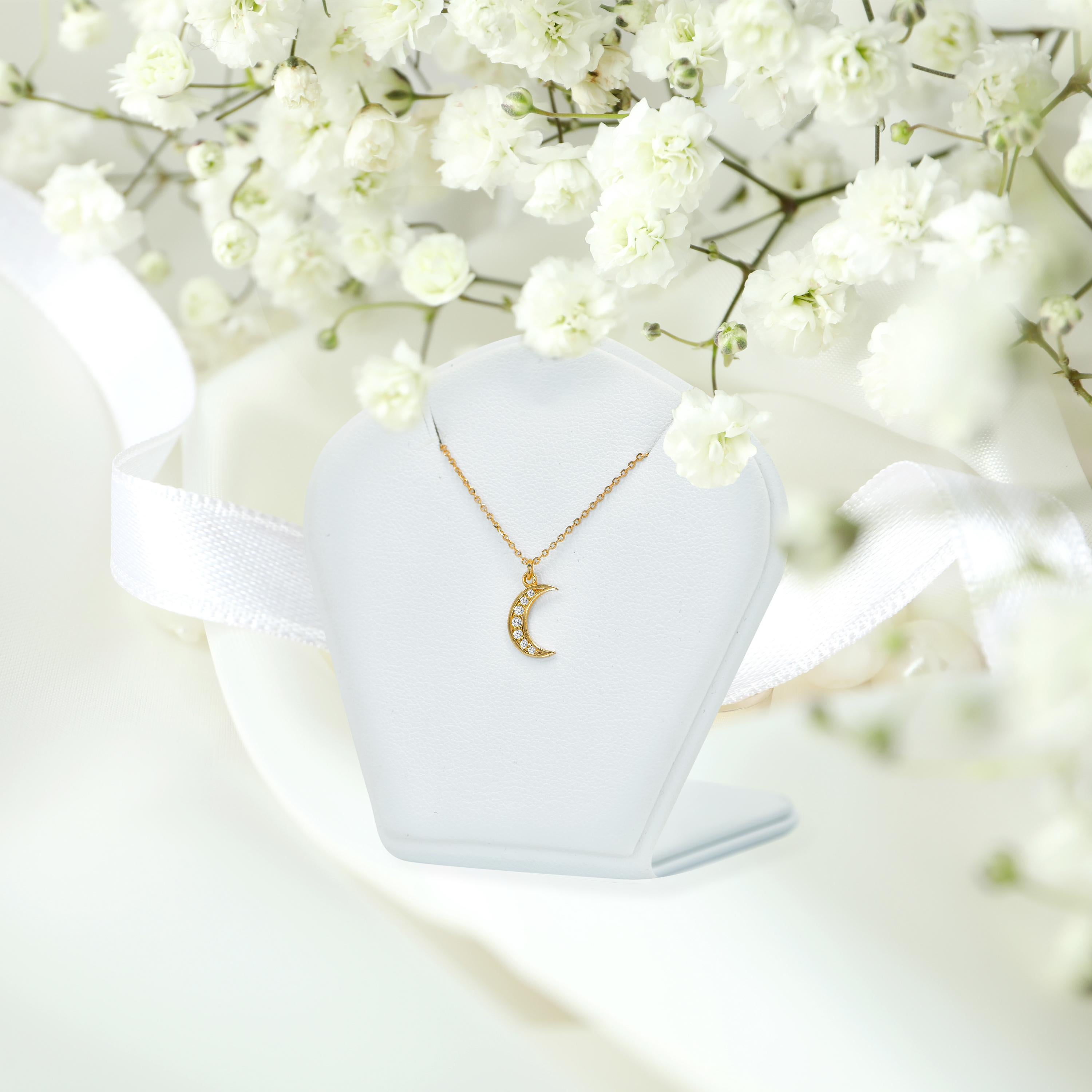 Modern 0.05 Ct Diamond Crescent Moon Necklace in 14K Gold For Sale