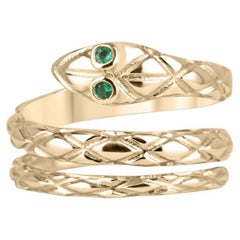0.05tcw 14K Emerald Eyed Snake Ring - Wrap Serpent Design Textured 585 Gold