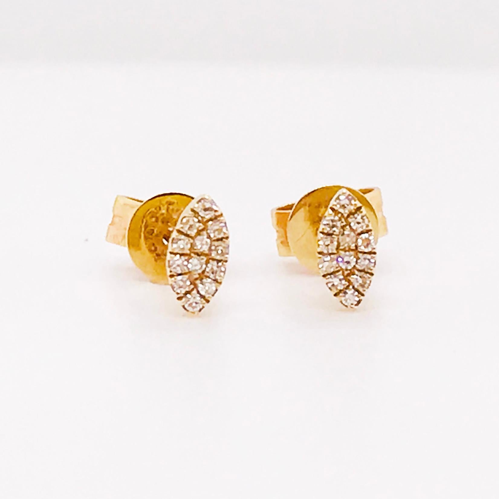 Pave Diamond Marquise Shaped Earring Studs. With 0.06 carat total diamond weight these marquise shaped earrings studs have round brilliant diamonds paving the top of each. These are the perfect dainty touch to your wardrobe. For a casual everyday