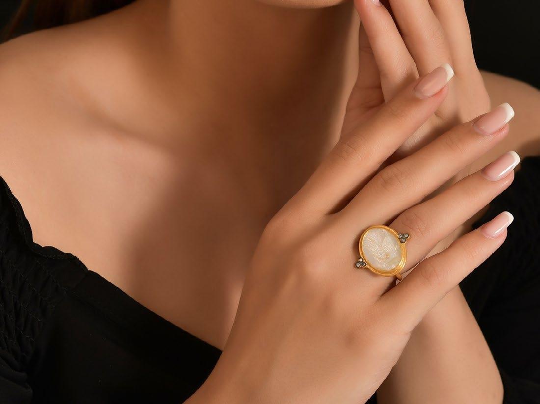 0.06 Carat Diamond Mother of Pearl Ring w/ Carved Crane Bird Motif 24K Gold In New Condition For Sale In Bozeman, MT
