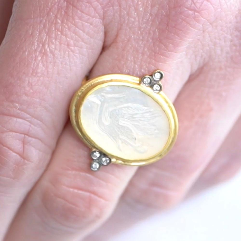 Round Cut 0.06 Carat Diamond Mother of Pearl Ring w/ Carved Crane Bird Motif 24K Gold For Sale