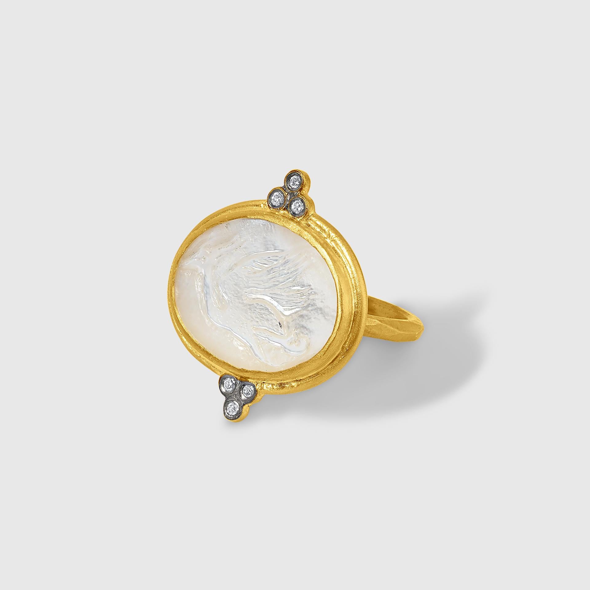 Byzantine 0.06 Carat Diamond Mother of Pearl Ring w/ Carved Crane Bird Motif 24K Gold For Sale