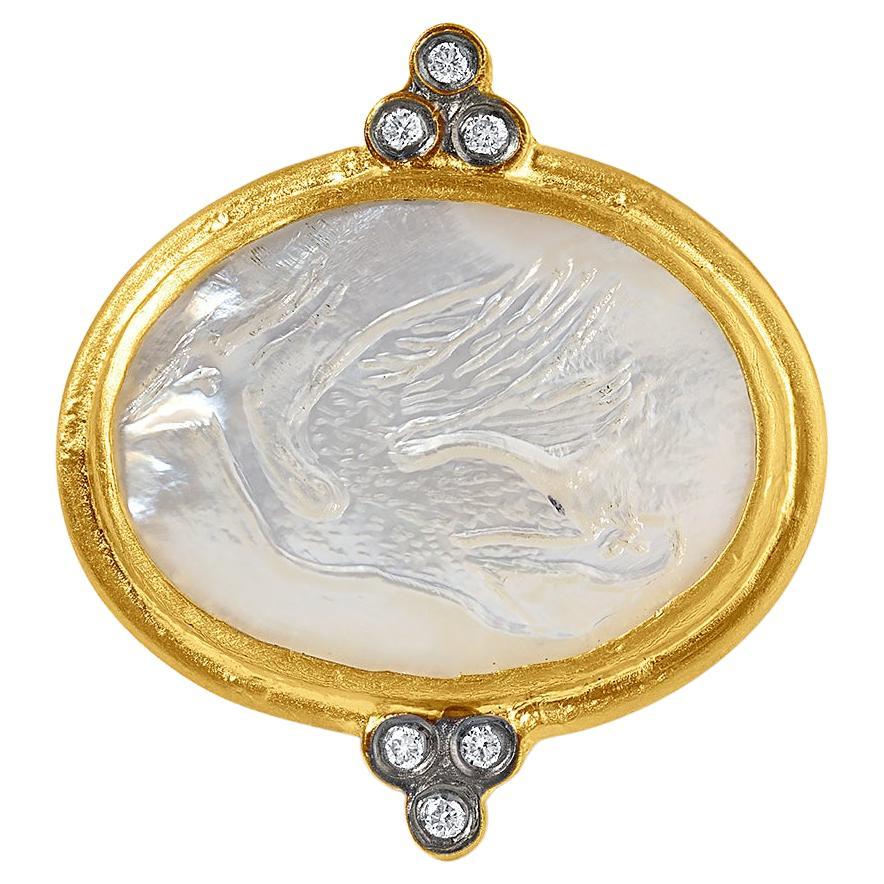 0.06 Carat Diamond Mother of Pearl Ring w/ Carved Crane Bird Motif 24K Gold For Sale