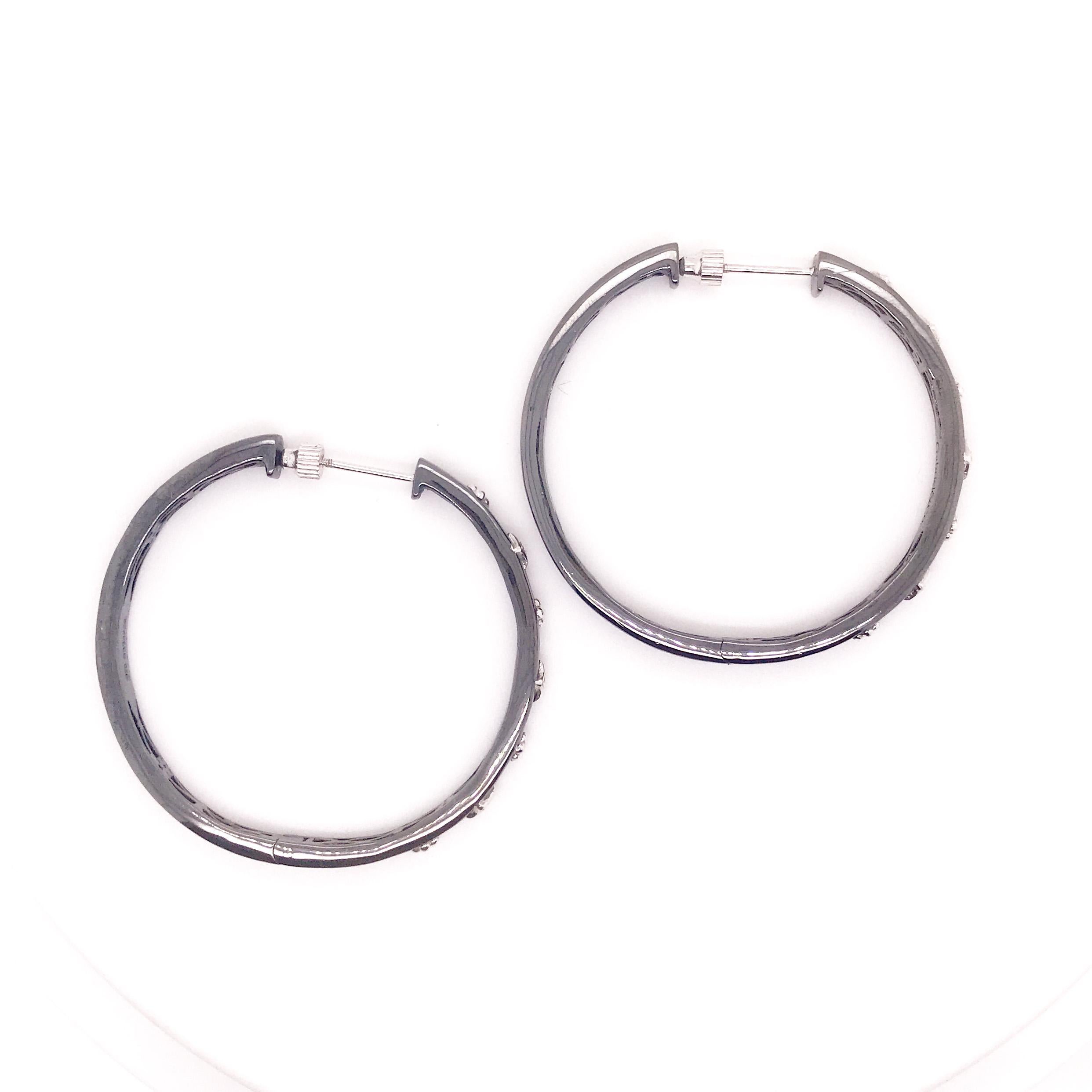 Round Cut 0.06 Carat Diamond Sterling Silver Black Fashion Hoops with Screw-On Backs