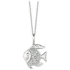 0.06 Carat Natural Diamond Fish Pendant Necklace 14 Karat White Gold Chain