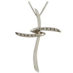0.06 Carat White Diamonds, 18 Karat White Gold Cross Shape Pendant Necklace