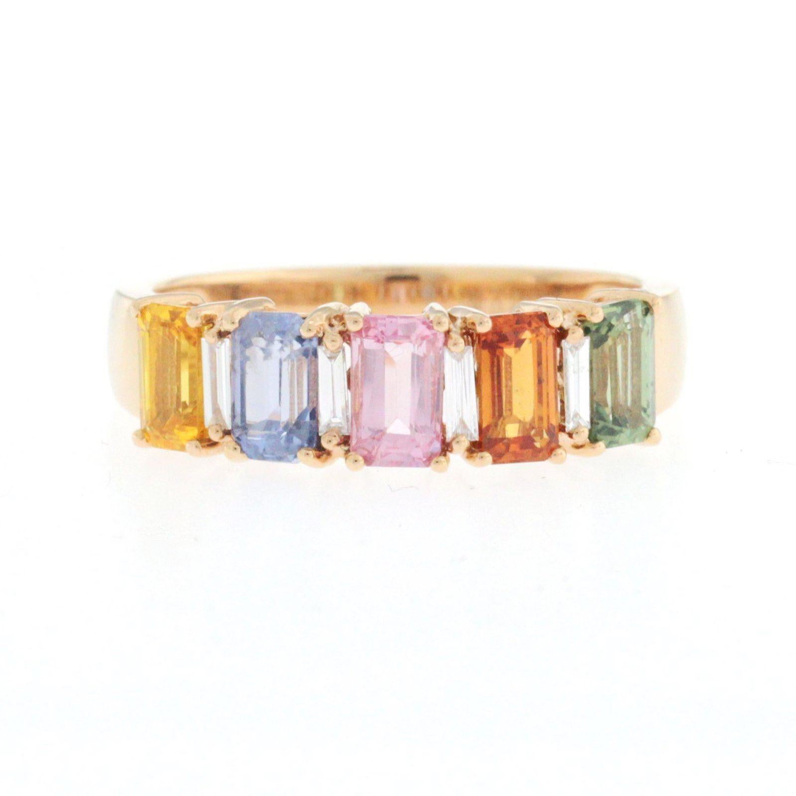 Top: 5.5 mm
Band Width: 2.8 mm
Metal: 18K Rose Gold 
Size: 6-8 ( Please message Us for your Size )
Hallmarks: 750
Total Weight: 3.2 Grams
Stone Type: 0.06 Natural MultiColor Sapphires & 0.13 CT Diamonds
Condition: New
Estimated Retail Price: