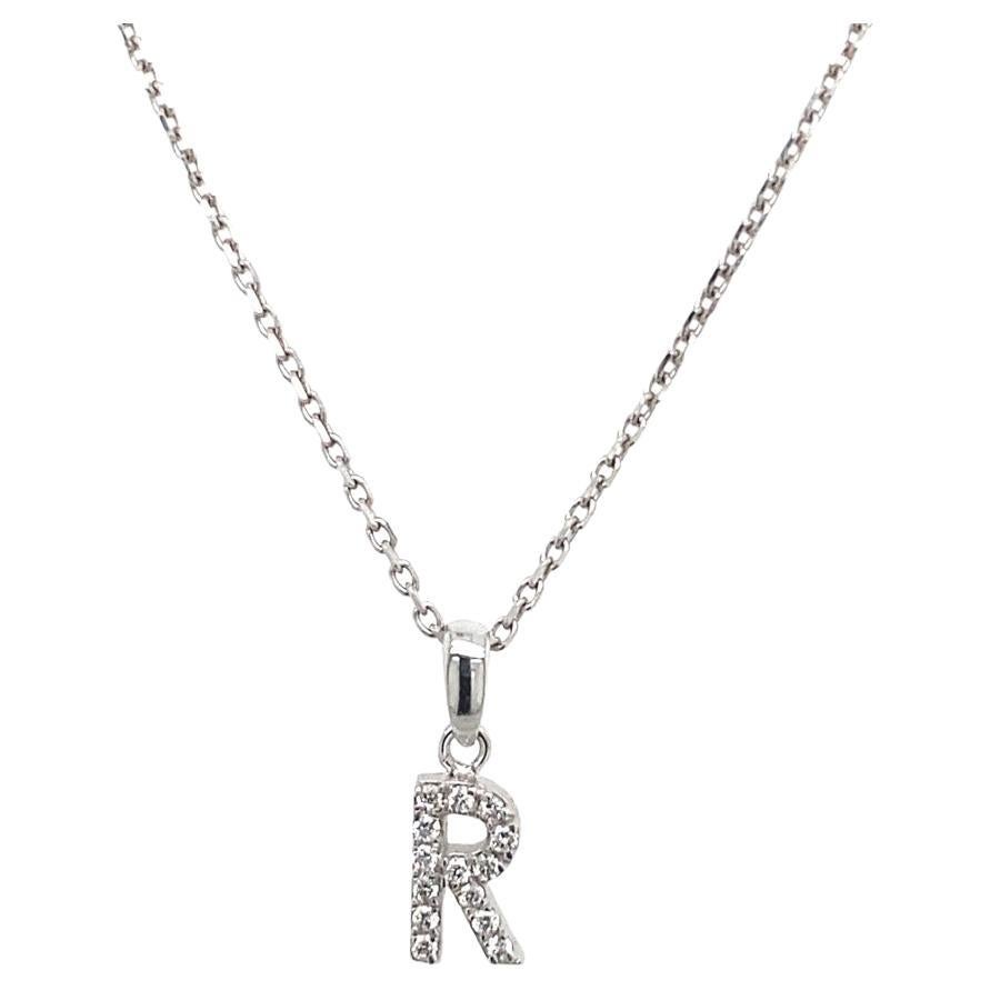0.06ct Diamond Initial Pendant Letter "R" on 16" Chain in 14ct White Gold For Sale