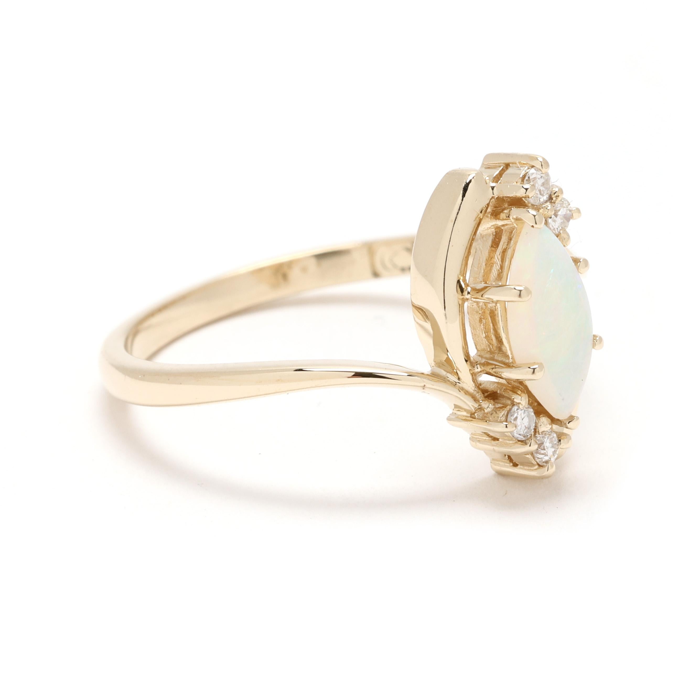 Capture the magic of your love with this enchanting 0.06ctw opal and diamond engagement ring, set in luxurious 14k yellow gold. Featuring a captivating opal with its iridescent glow, accented by sparkling diamonds, this ring offers a delicate and