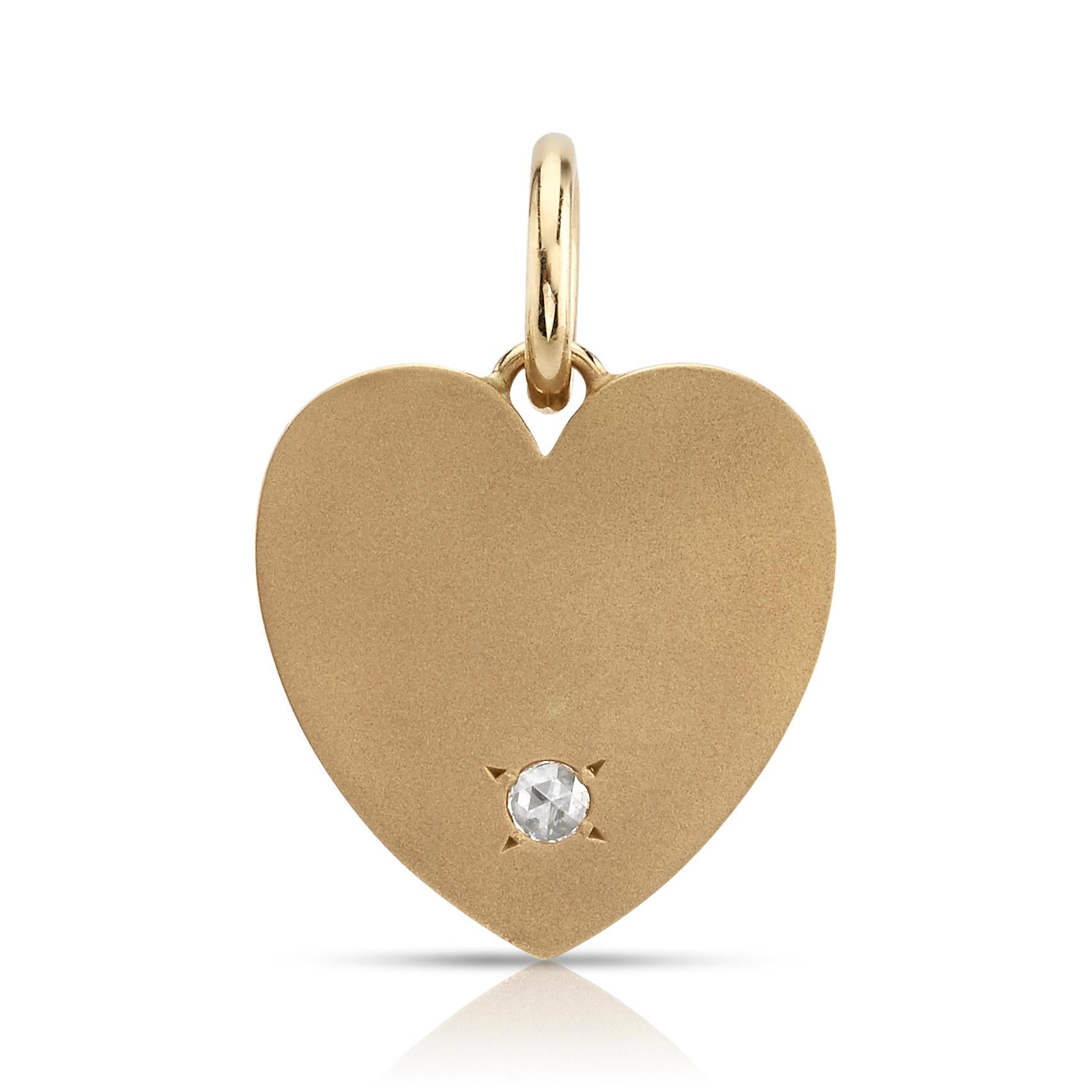 0.08ct H/SI Rose cut diamond set in a handcrafted polished 18K yellow gold heart shaped pendant. Charm measures 22mm x21mm across. Available in a brushed or polished finish. Please specify when ordering.

Price does not include chain.

Our jewelry