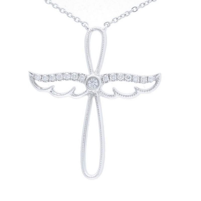 Modern 0.08 Carat Diamonds Wing Cross Necklace in 14K White Gold For Sale