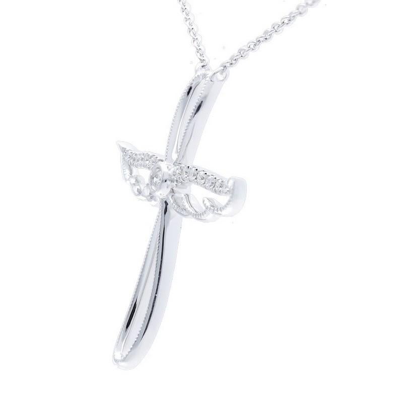 Round Cut 0.08 Carat Diamonds Wing Cross Necklace in 14K White Gold For Sale