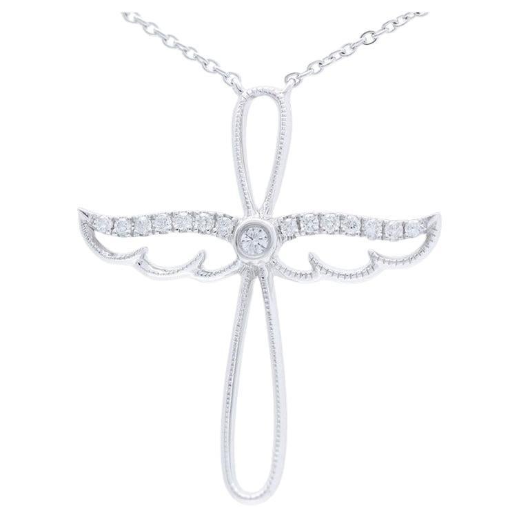0.08 Carat Diamonds Wing Cross Necklace in 14K White Gold