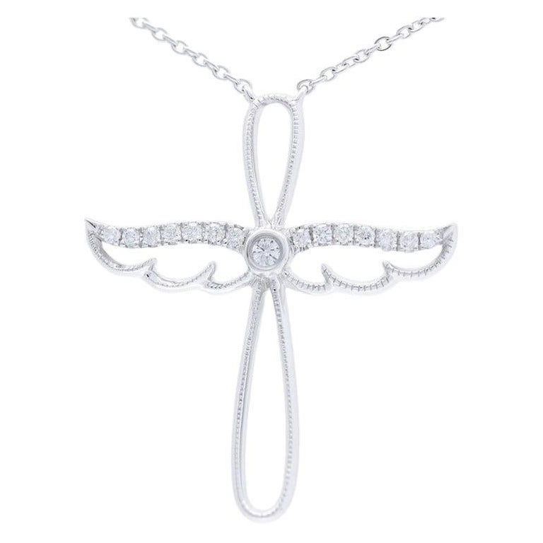 Collier croix d'ailes en or blanc 18 carats et diamants 0,08 carat