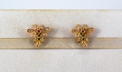 0.08 Carat White Diamond 0.06 Carat Ruby Emerald Yellow Gold Dragonfly Earrings