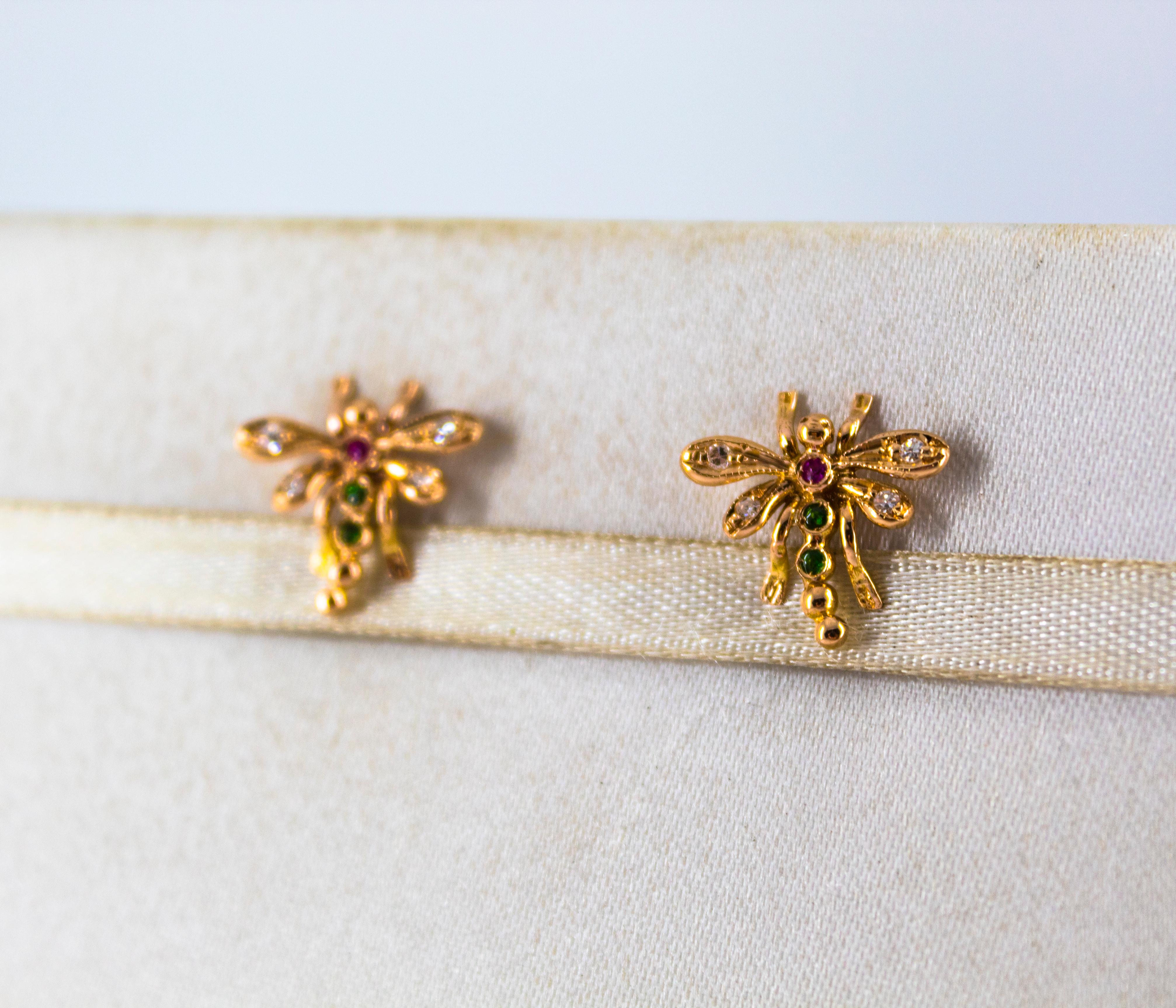 Brilliant Cut 0.08 Carat White Diamond 0.06 Carat Ruby Emerald Yellow Gold Dragonfly Earrings For Sale