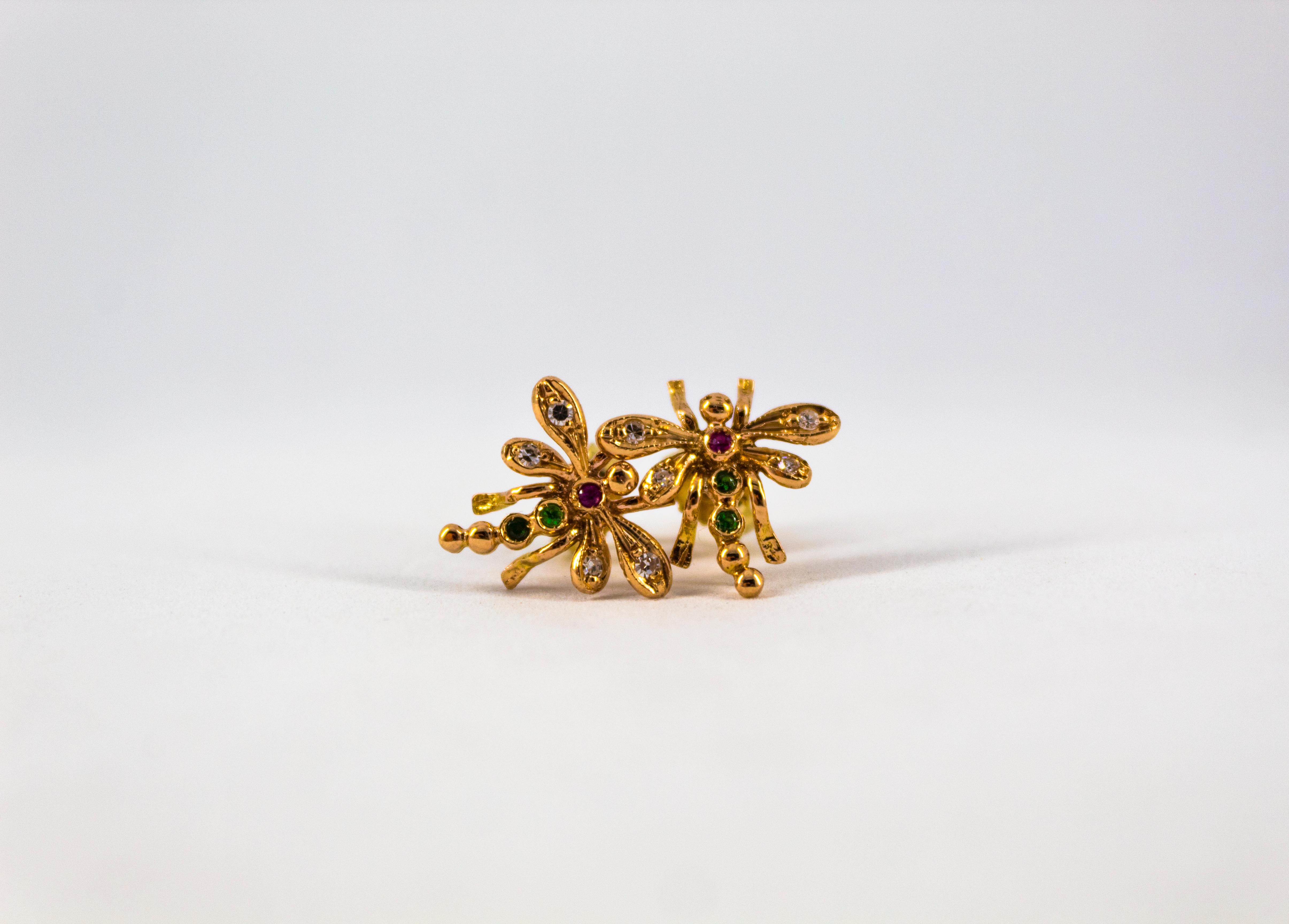 Brilliant Cut 0.08 Carat White Diamond 0.06 Carat Ruby Emerald Yellow Gold Dragonfly Earrings