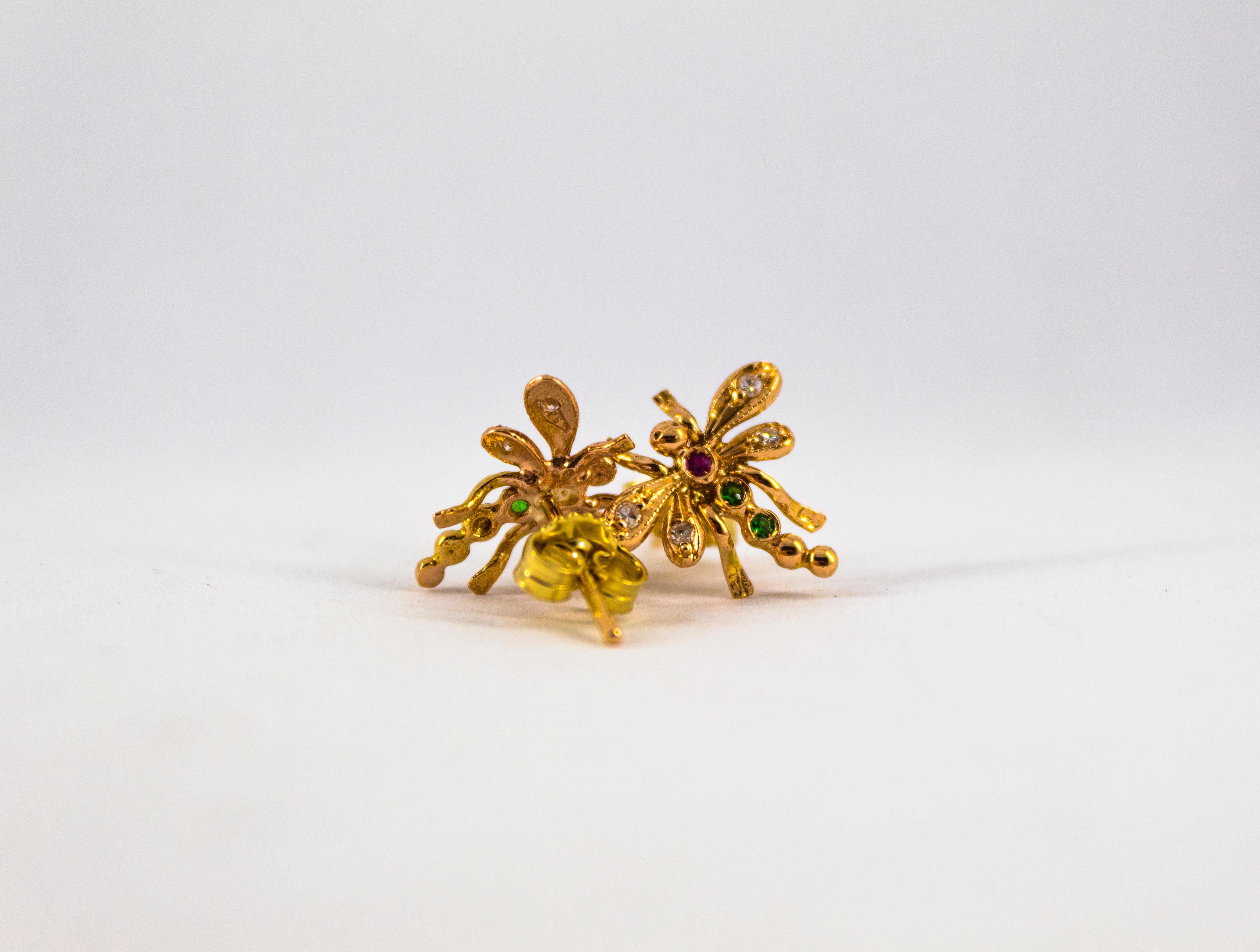 Women's or Men's 0.08 Carat White Diamond 0.06 Carat Ruby Emerald Yellow Gold Dragonfly Earrings For Sale