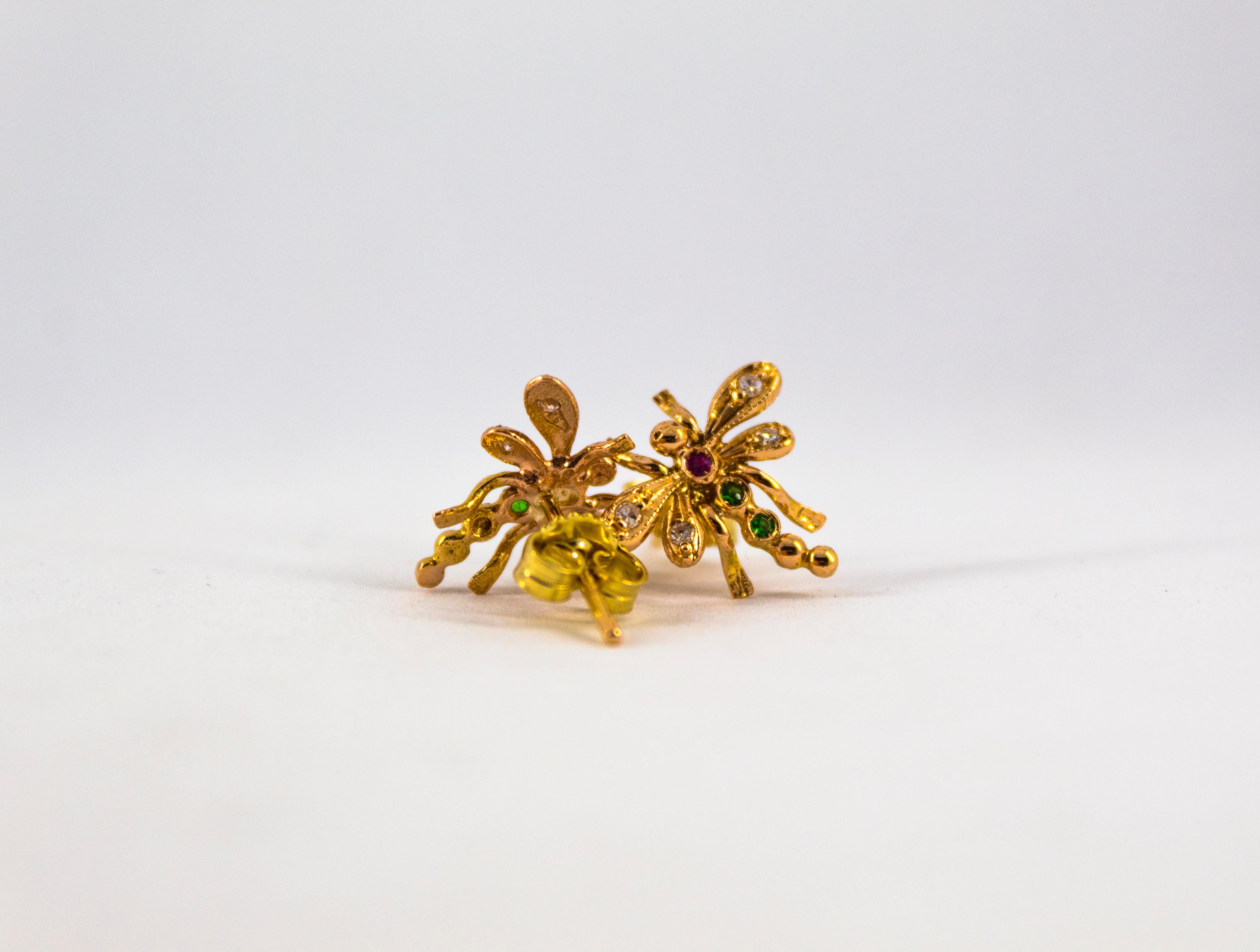 Women's or Men's 0.08 Carat White Diamond 0.06 Carat Ruby Emerald Yellow Gold Dragonfly Earrings
