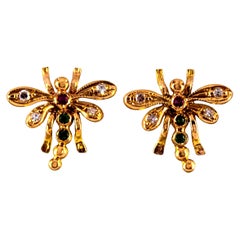 0.08 Carat White Diamond 0.06 Carat Ruby Emerald Yellow Gold Dragonfly Earrings