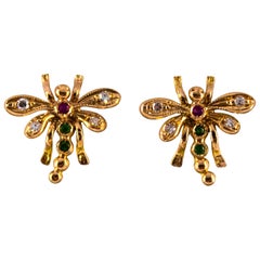 0.08 Carat White Diamond 0.06 Carat Ruby Emerald Yellow Gold Dragonfly Earrings
