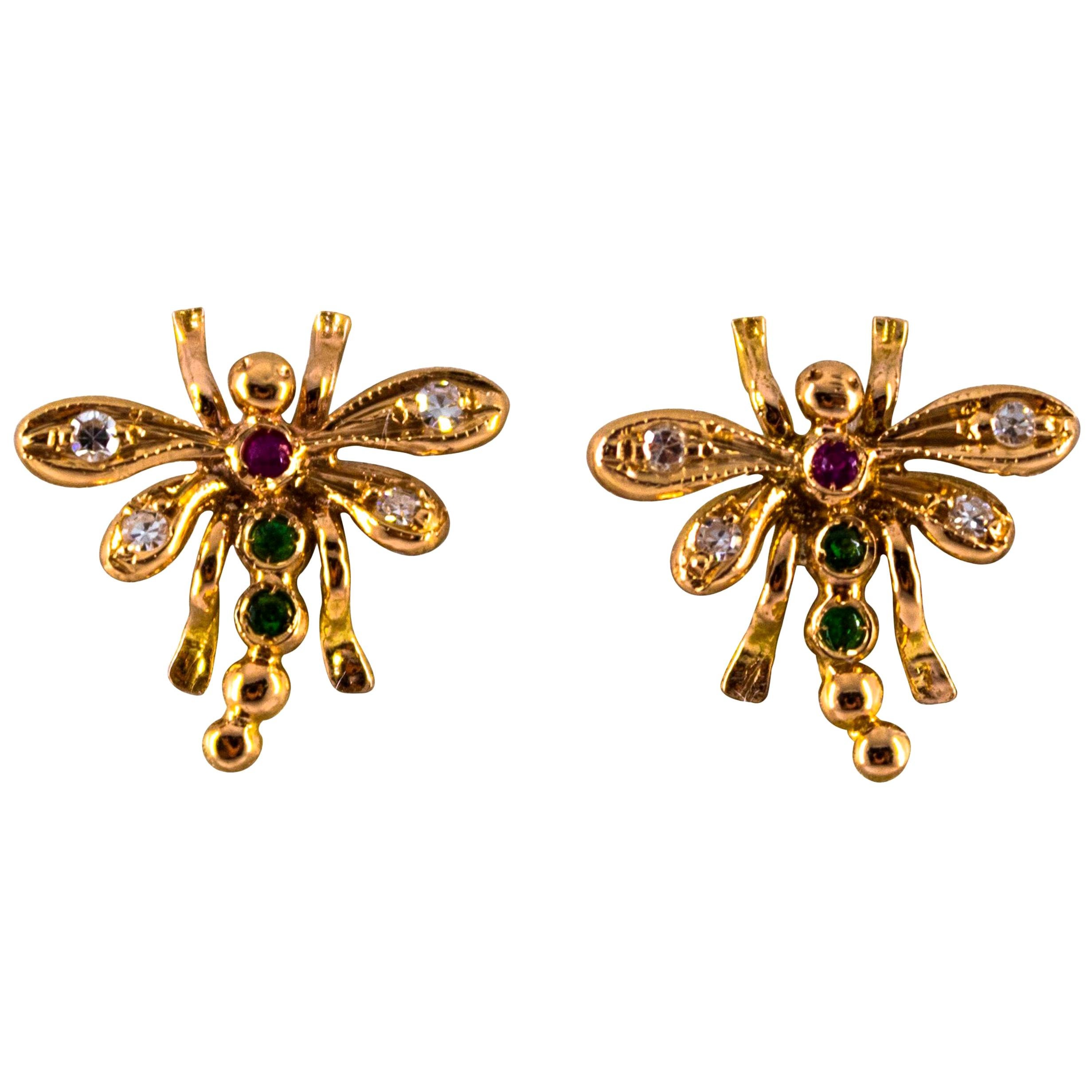 0.08 Carat White Diamond 0.06 Carat Ruby Emerald Yellow Gold Dragonfly Earrings