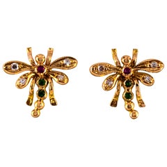 0.08 Carat White Diamond 0.06 Carat Ruby Emerald Yellow Gold Dragonfly Earrings