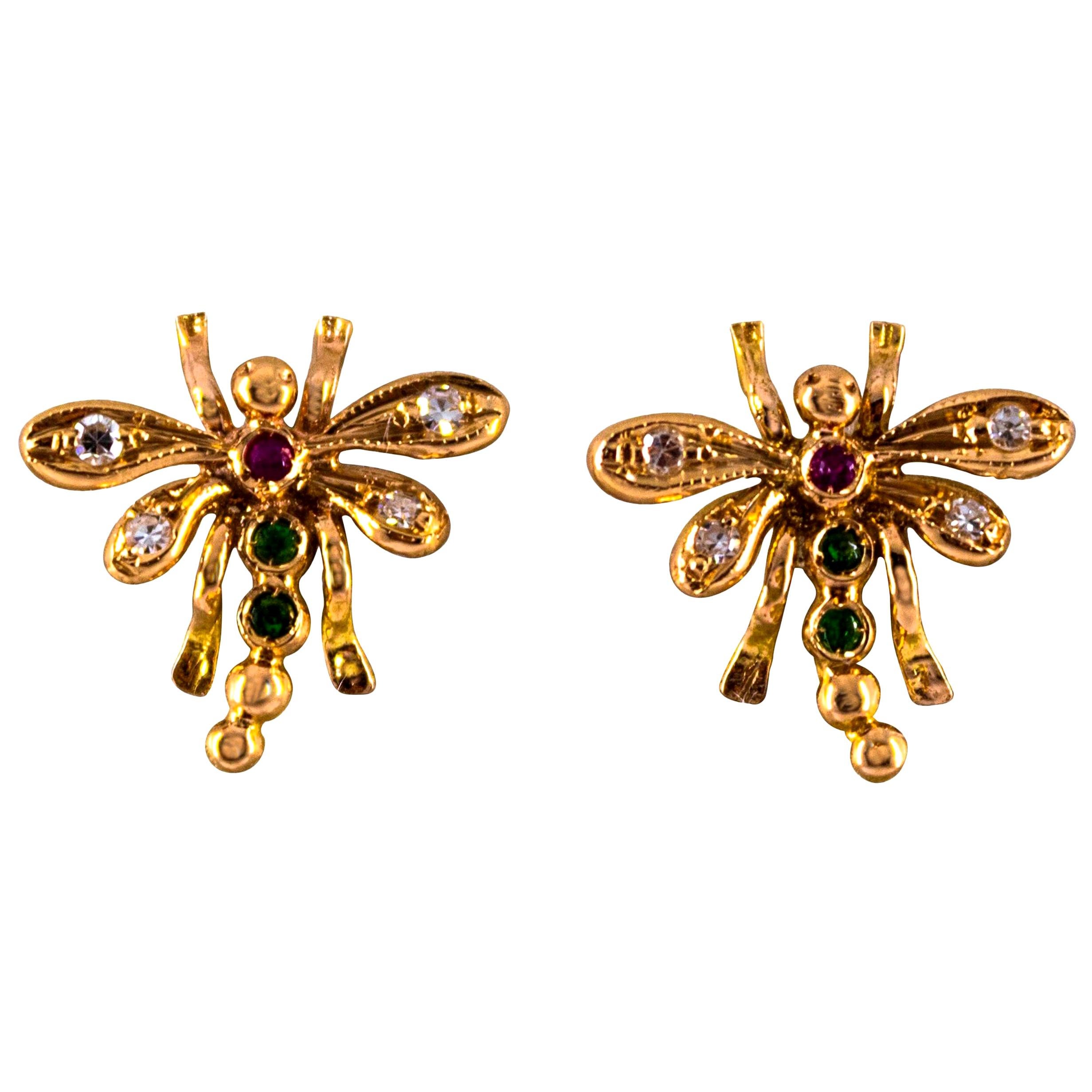 0.08 Carat White Diamond 0.06 Carat Ruby Emerald Yellow Gold Dragonfly Earrings