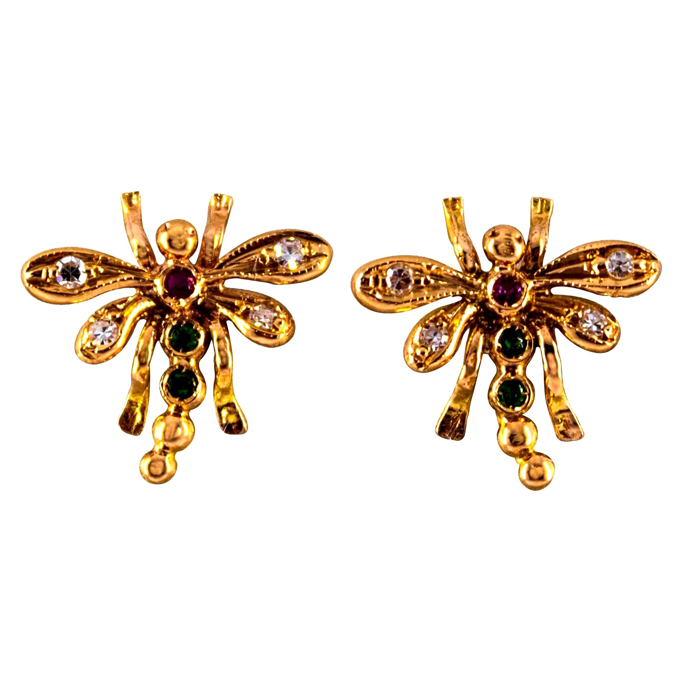 0.08 Carat White Diamond 0.06 Carat Ruby Emerald Yellow Gold Dragonfly Earrings For Sale