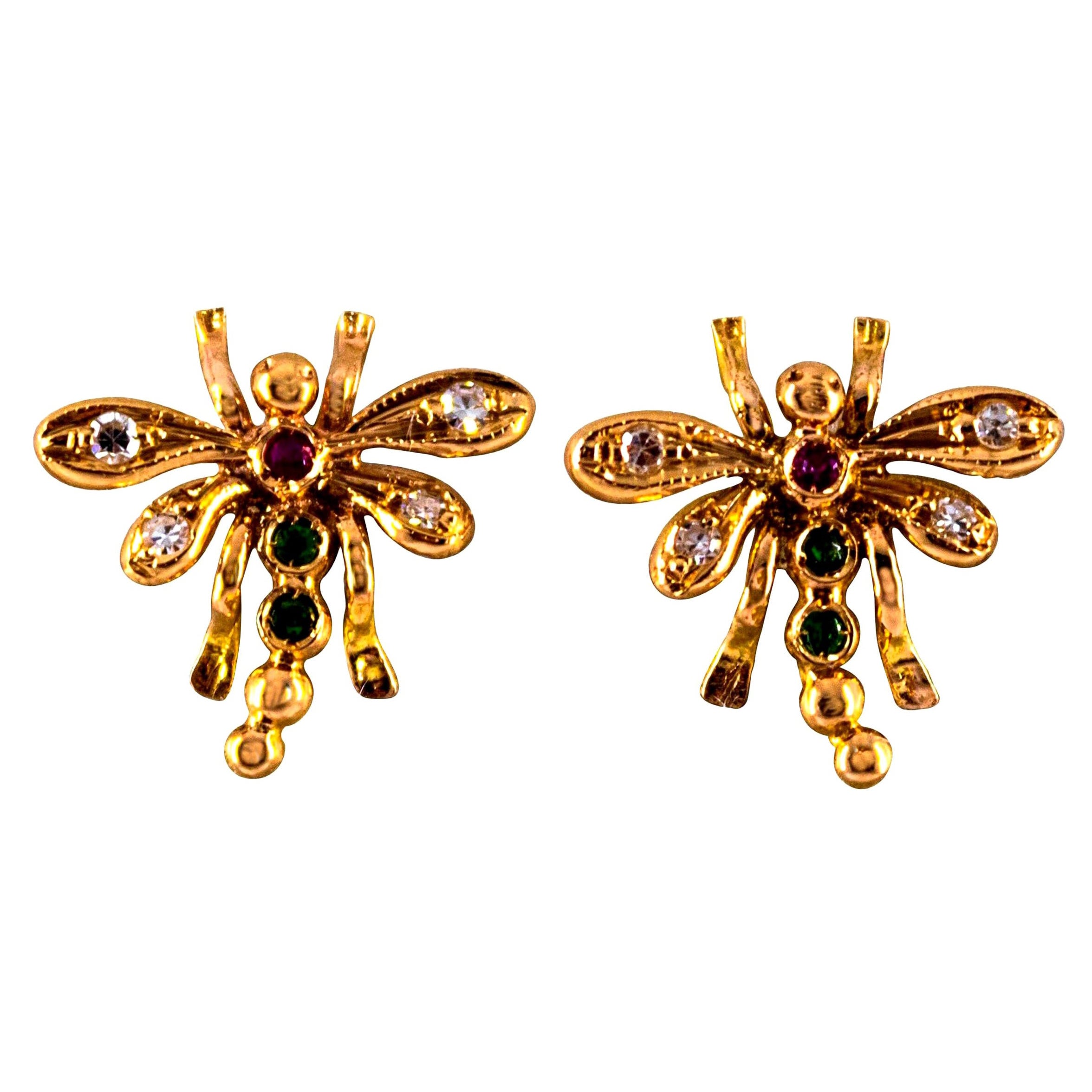 0,08 Quilates Diamante Blanco 0,06 Quilates Rubí Esmeralda Pendientes Libélula Oro Amarillo