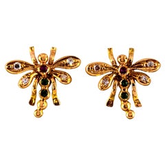 0.08 Carat White Diamond 0.06 Carat Ruby Emerald Yellow Gold Dragonfly Earrings