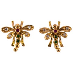 0.08 Carat White Diamond 0.06 Carat Ruby Emerald Yellow Gold Dragonfly Earrings