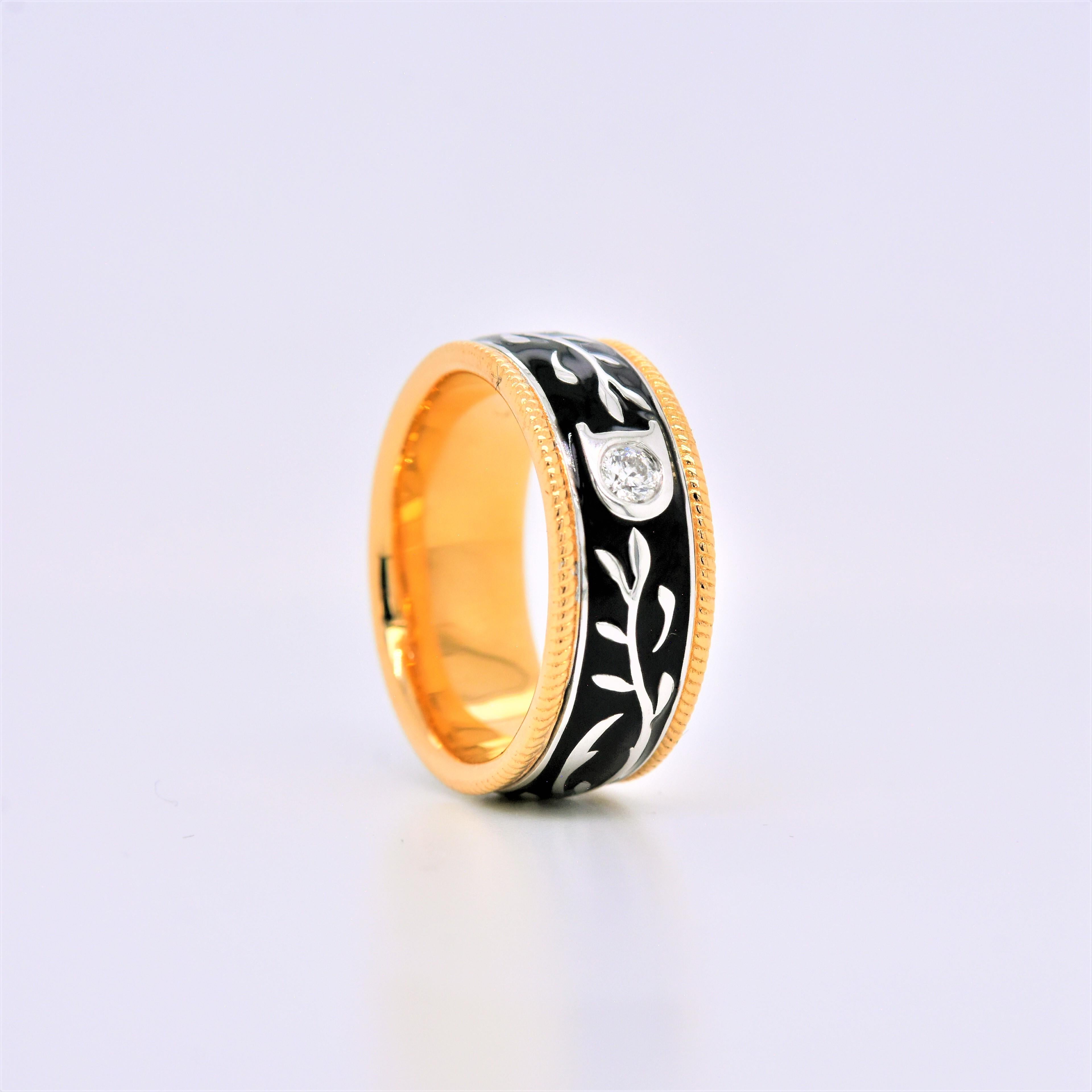 Contemporary 0.08 Carat White Diamond Enamel Floral Motif Ring Set in 18 Karat Yellow Gold