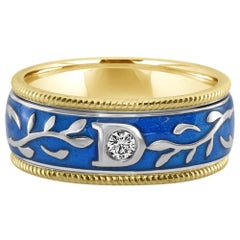 0.08 Carat White Diamond Enamel Floral Motif Ring Set in 18 Karat Yellow Gold