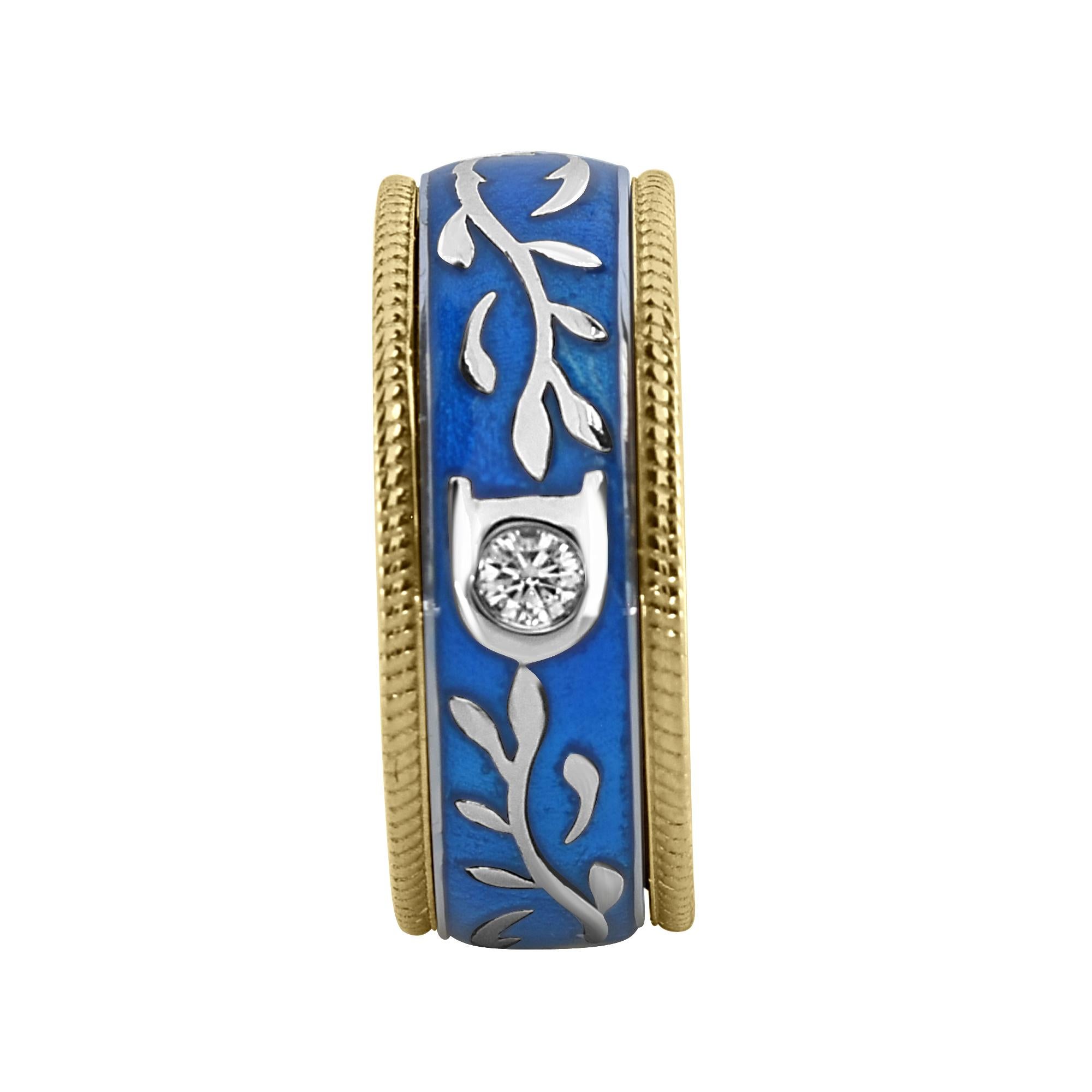 0.08 Carat White Diamond Enamel Floral Motif Ring set in 18K Yellow Gold.
This stunning ring made by Shimon's Creations enhanced with a 0.08 carat white diamond. This beautiful ring features a floral embellished motif and edged with upper and lower