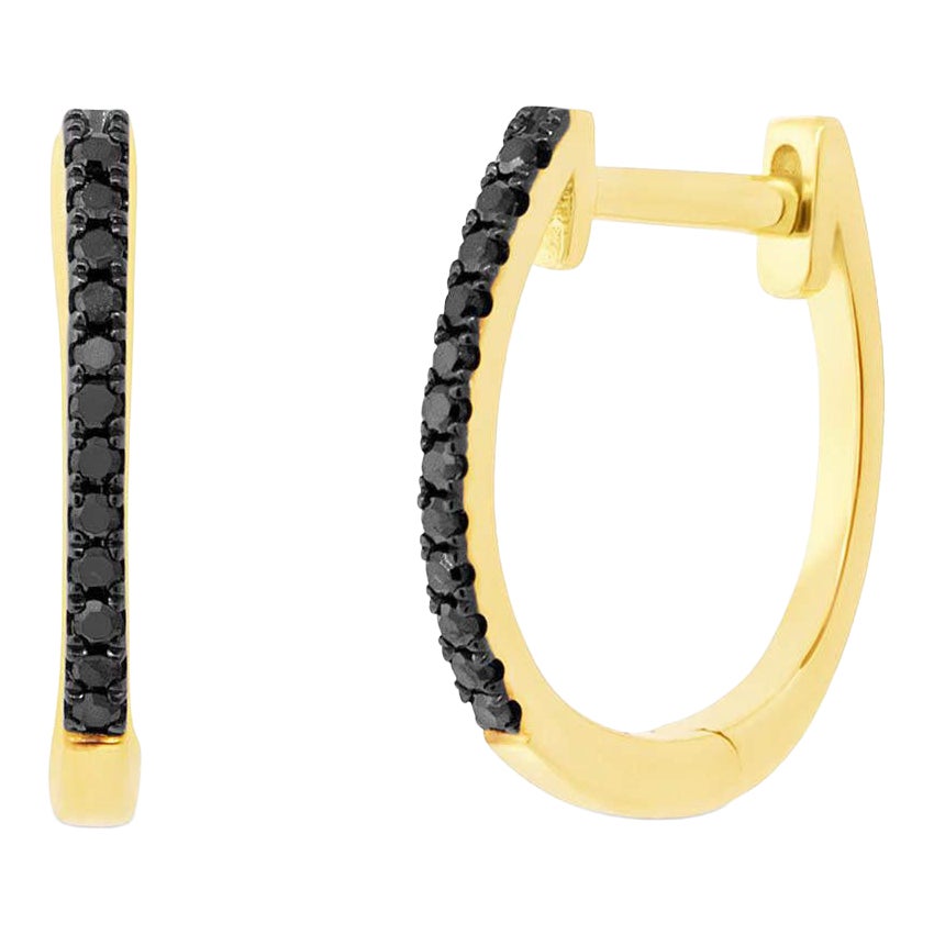 0.08ct Round Brilliant Cut Black Diamond Huggie Earrings in 14k Yellow Gold For Sale