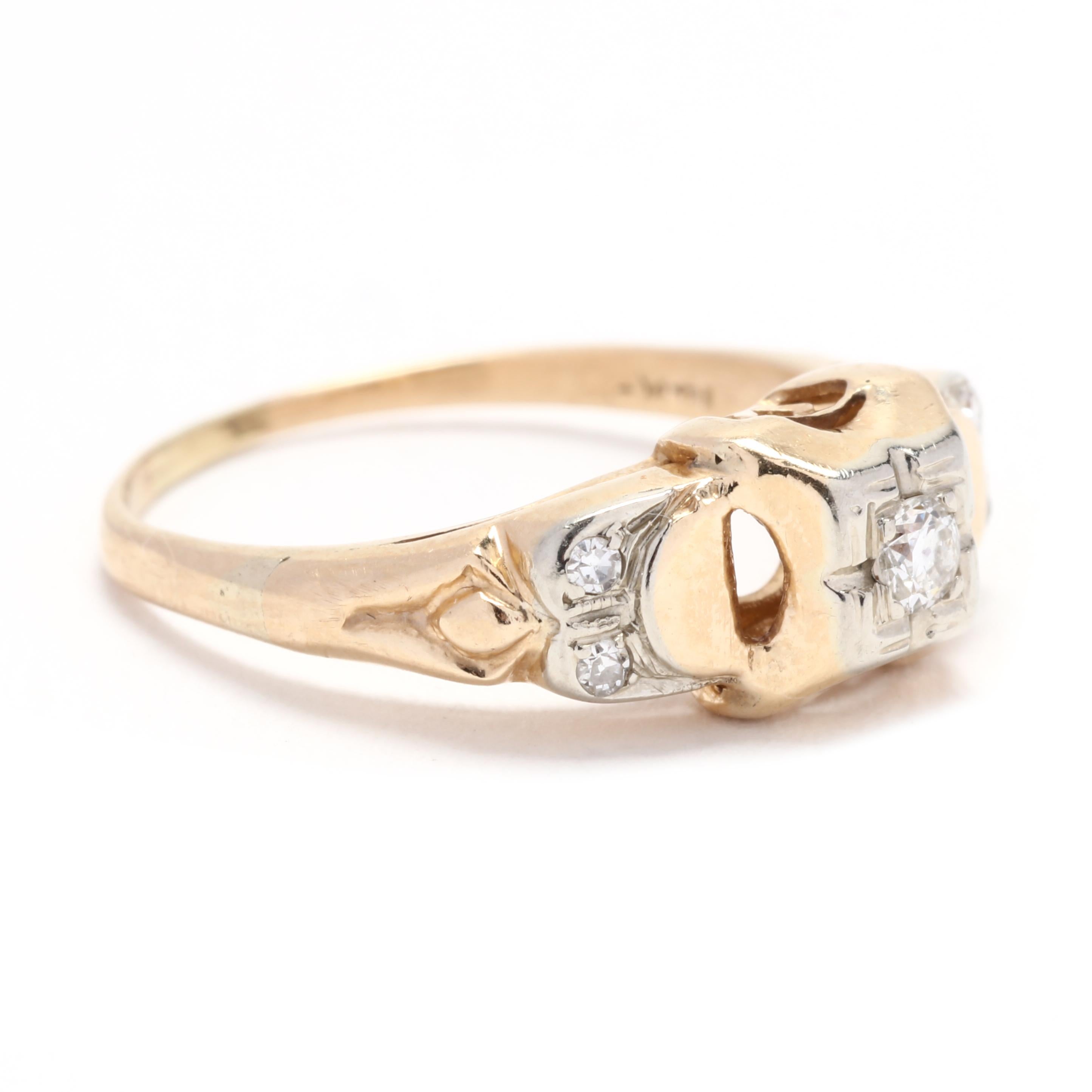 This dainty and elegant diamond wedding band is the perfect choice for a retro-inspired engagement ring or stackable ring set. Made with 14K yellow gold, this ring features a thin band with a total carat weight of 0.08. The diamonds are round cut