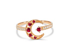 0.31 Ct Emerald, Ruby and Sapphire Crescent Moon Diamond Ring in 18K Gold