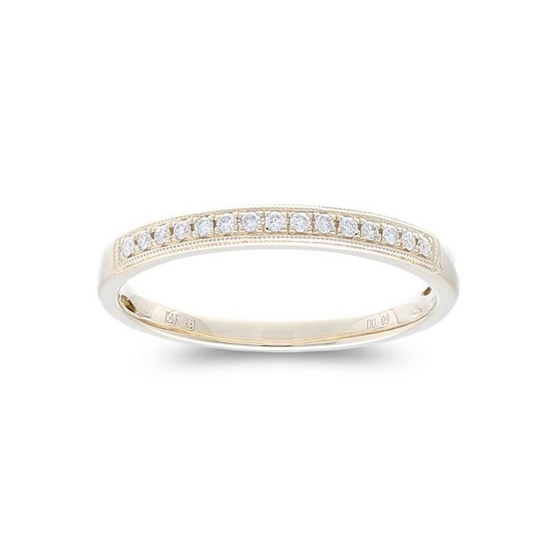 Diamonds: Fifteen meticulously selected excellent round diamonds grace this wedding ring, each set securely in a delicate micro pave setting, creating a continuous and delicate shimmer. The total carat weight of 0.09 carats ensures a captivating and