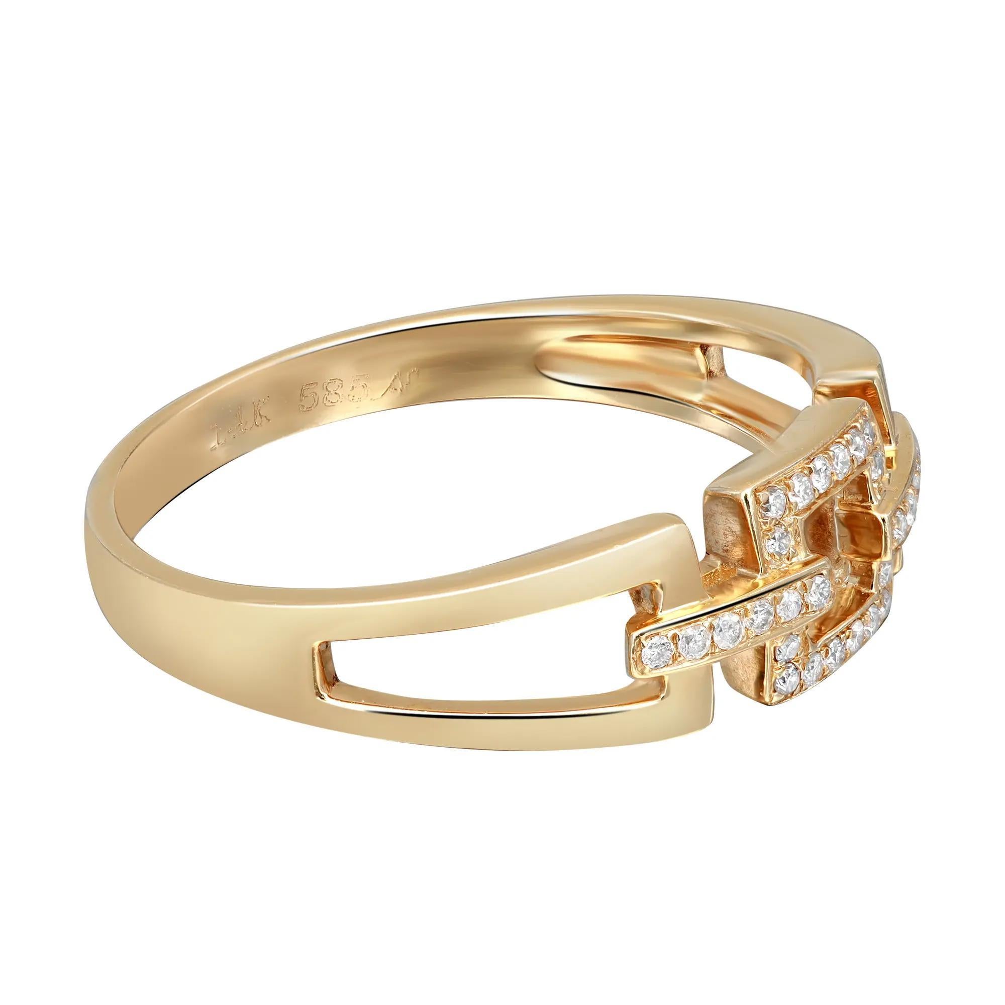Classic and elegant diamond band ring rendered in highly polished 14K yellow gold. This ring features round brilliant cut diamonds in pave setting totaling 0.09 carat. Diamond quality: I color and SI clarity. Ring size: 7.5. Ring width: 6mm. Total