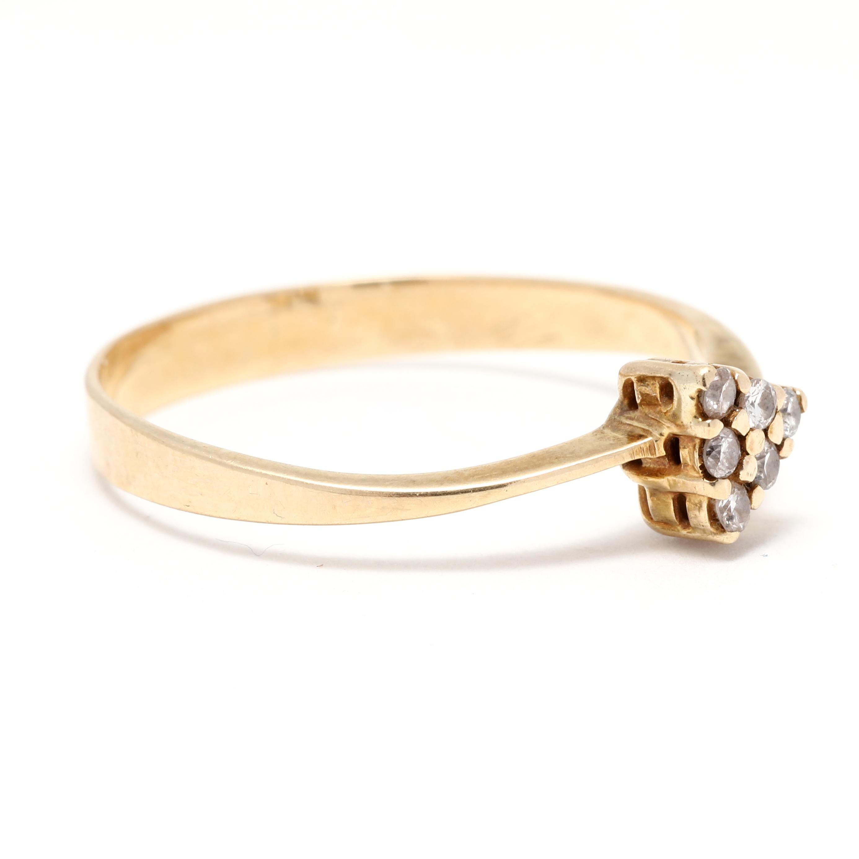 This sparkling 0.09ctw diamond arrow ring is crafted from 14k yellow gold. With its simple yet stunning design, this ring is a perfect accessory for any occasion. The round brilliant diamonds are carefully set in a sleek arrow-shaped design. The