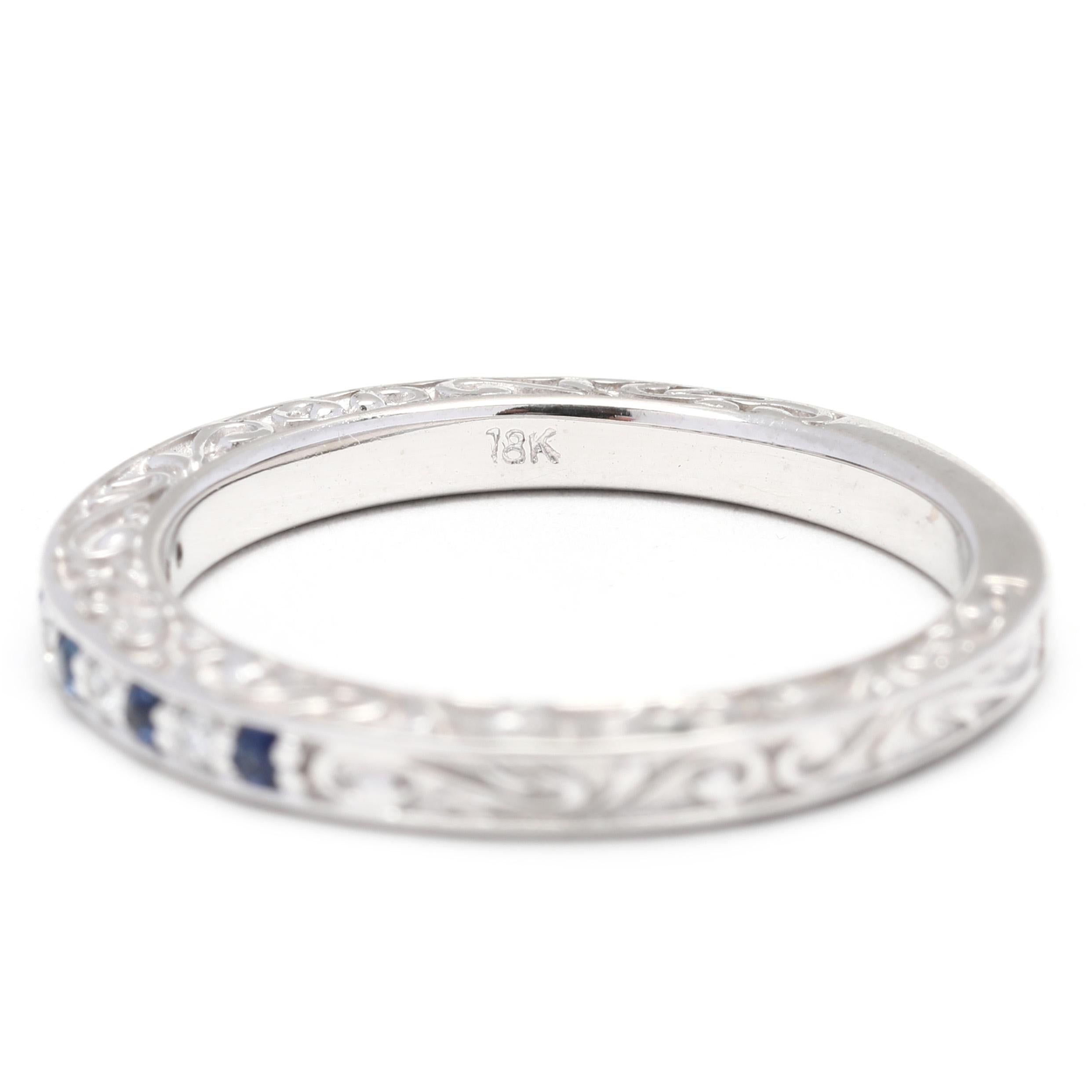 Women's or Men's 0.09ctw Sapphire Diamond Thin Wedding Band, 18k White Gold, Ring