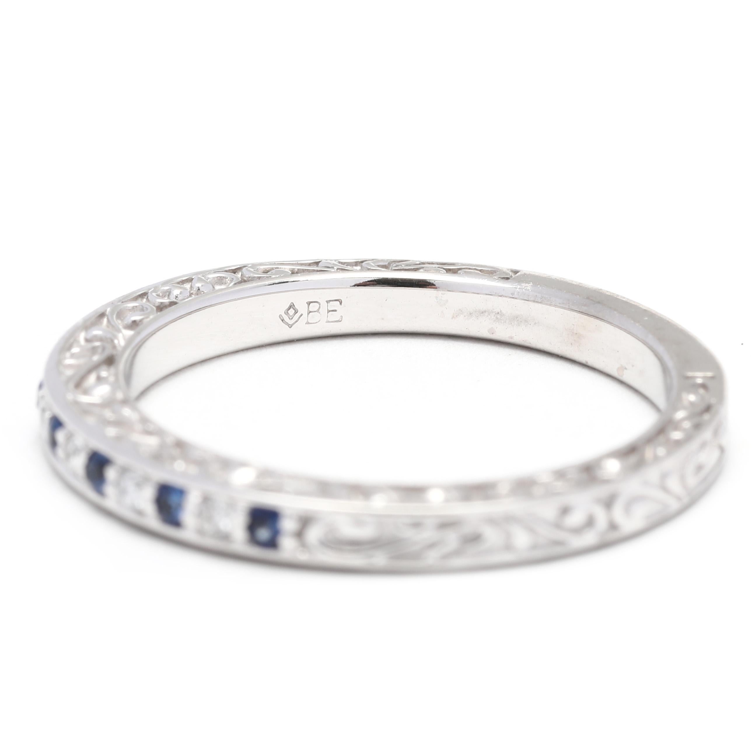 0.09ctw Sapphire Diamond Thin Wedding Band, 18k White Gold, Ring 1