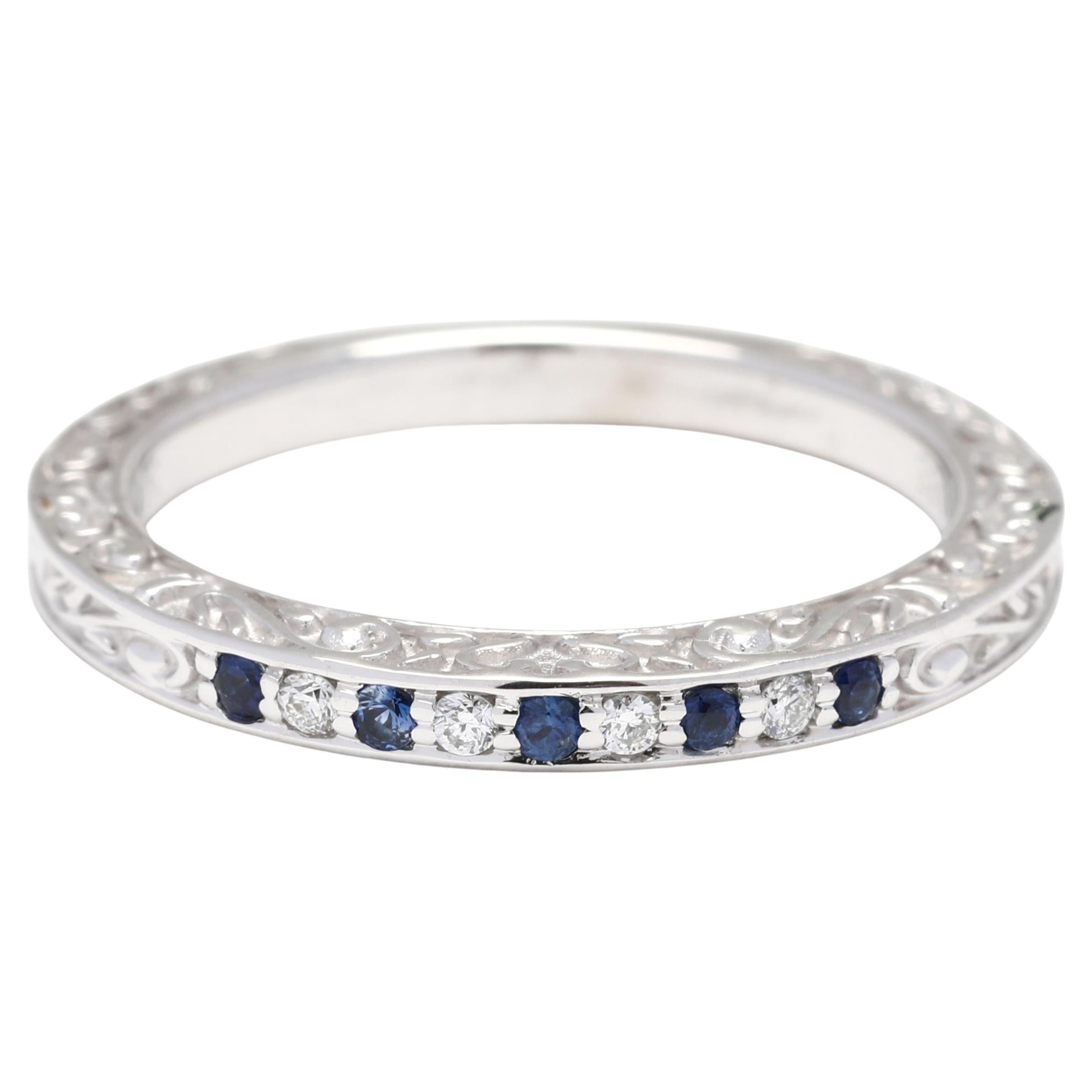 0.09ctw Sapphire Diamond Thin Wedding Band, 18k White Gold, Ring