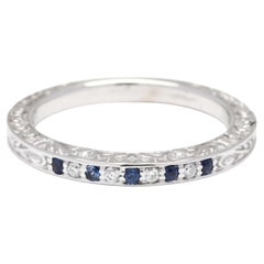 Retro 0.09ctw Sapphire Diamond Thin Wedding Band, 18k White Gold, Ring