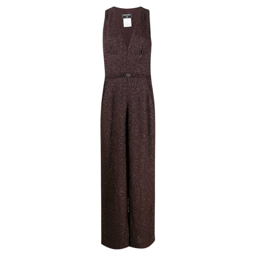 00s Chanel Vintage burgundy jumpsuit with silver lurex thread For Sale